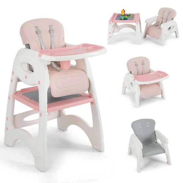Chaise Haute Pour Bébé 6 En 1 Chaise Haute Convertible/Siège d'Appoint/Table Et Chaise Avec Double Plateau Amovible Harnais De Sécurité 5 Points Rose