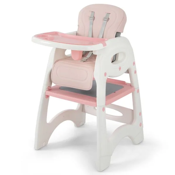 Chaise Haute Pour Bébé 6 En 1 Chaise Haute Convertible/Siège d'Appoint/Table Et Chaise Avec Double Plateau Amovible Harnais De Sécurité 5 Points Rose