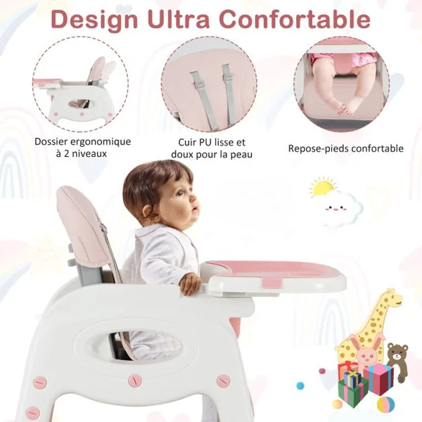 Chaise Haute Pour Bébé 6 En 1 Chaise Haute Convertible/Siège d'Appoint/Table Et Chaise Avec Double Plateau Amovible Harnais De Sécurité 5 Points Rose