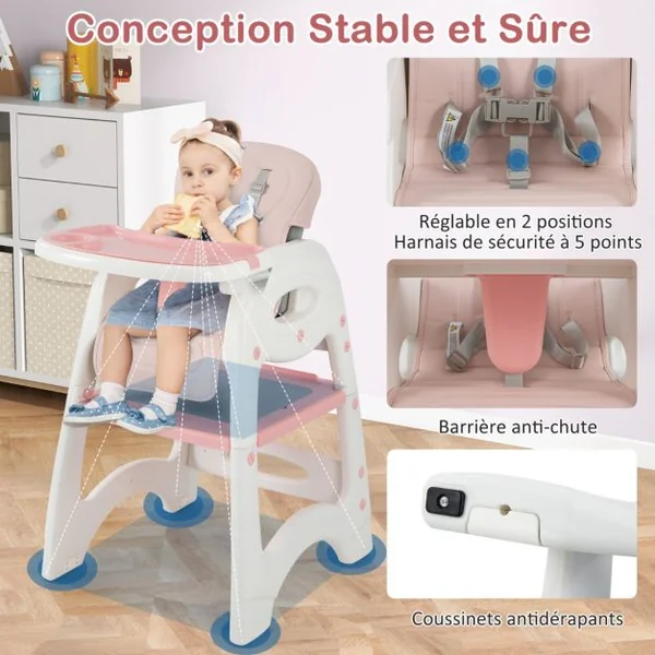 Chaise Haute Pour Bébé 6 En 1 Chaise Haute Convertible/Siège d'Appoint/Table Et Chaise Avec Double Plateau Amovible Harnais De Sécurité 5 Points Rose