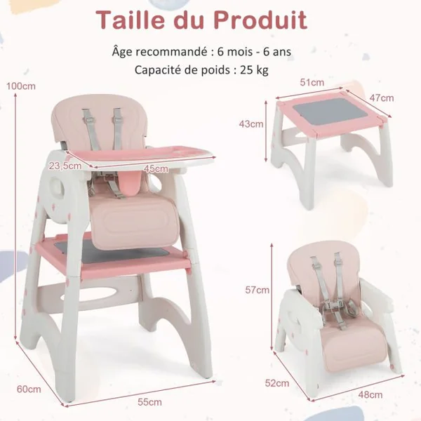 Chaise Haute Pour Bébé 6 En 1 Chaise Haute Convertible/Siège d'Appoint/Table Et Chaise Avec Double Plateau Amovible Harnais De Sécurité 5 Points Rose