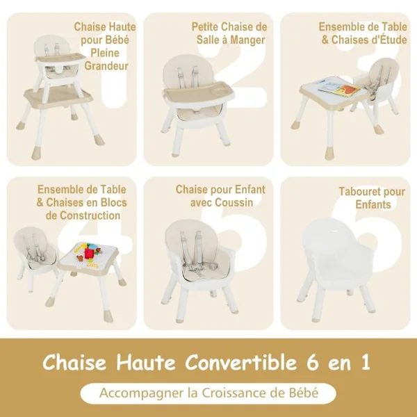 Chaise Haute Pour Bébé Chaise Haute 6 En 1 Convertible/Rehausseur Avec Table Convertible Plateau Double Amovible Harnais De Sécurité à 5 Points Blanc