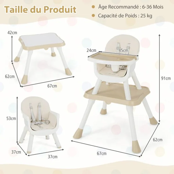 Chaise Haute Pour Bébé Chaise Haute 6 En 1 Convertible/Rehausseur Avec Table Convertible Plateau Double Amovible Harnais De Sécurité à 5 Points Blanc