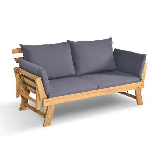 Chaise Longue Convertible avec Coussin Canapé de Jardin 2 en 1 en Bois d’Acacia avec Accoudoir Réglable 4 Couleurs au Choix