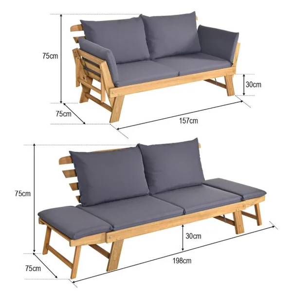 Chaise Longue Convertible avec Coussin Canapé de Jardin 2 en 1 en Bois d’Acacia avec Accoudoir Réglable 4 Couleurs au Choix