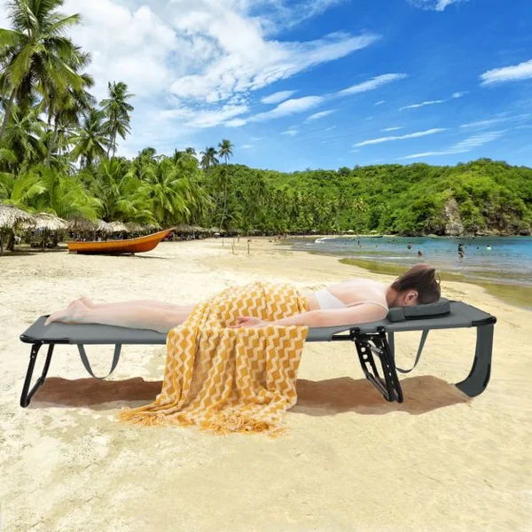 Chaise Longue de Bronzage Pliante Face vers Le Bas avec Trou 3 Coussins Amovibles et Dossier Réglable Sur 5 Positions Transat Gris