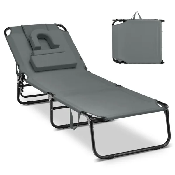 Chaise Longue de Bronzage Pliante Face vers Le Bas avec Trou 3 Coussins Amovibles et Dossier Réglable Sur 5 Positions Transat Gris