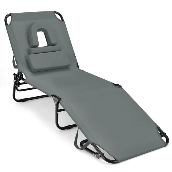 Chaise Longue de Bronzage Pliante Face vers Le Bas avec Trou 3 Coussins Amovibles et Dossier Réglable Sur 5 Positions Transat Gris