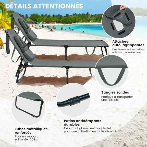 Chaise Longue de Bronzage Pliante Face vers Le Bas avec Trou 3 Coussins Amovibles et Dossier Réglable Sur 5 Positions Transat Gris