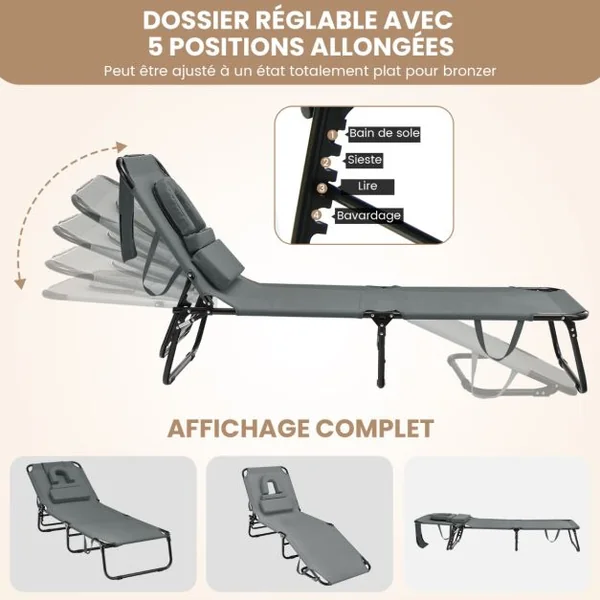 Chaise Longue de Bronzage Pliante Face vers Le Bas avec Trou 3 Coussins Amovibles et Dossier Réglable Sur 5 Positions Transat Gris