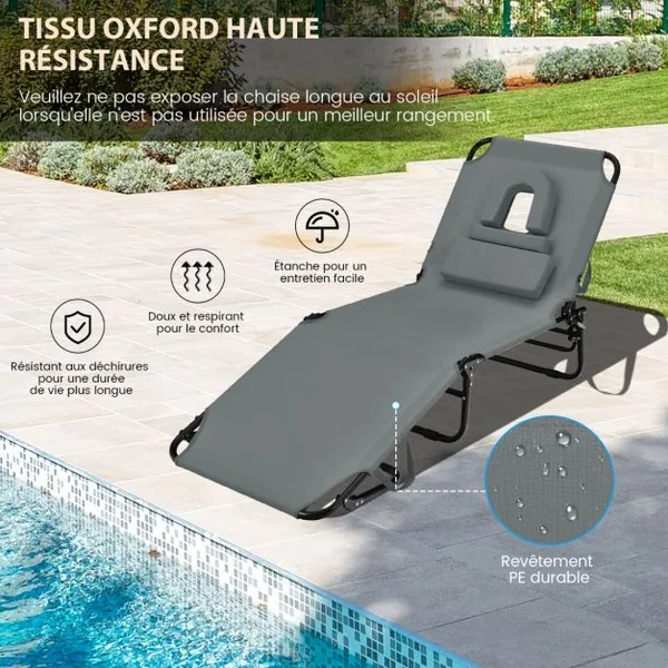 Chaise Longue de Bronzage Pliante Face vers Le Bas avec Trou 3 Coussins Amovibles et Dossier Réglable Sur 5 Positions Transat Gris
