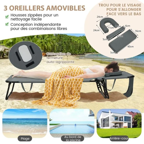 Chaise Longue de Bronzage Pliante Face vers Le Bas avec Trou 3 Coussins Amovibles et Dossier Réglable Sur 5 Positions Transat Gris