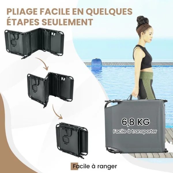 Chaise Longue de Bronzage Pliante Face vers Le Bas avec Trou 3 Coussins Amovibles et Dossier Réglable Sur 5 Positions Transat Gris