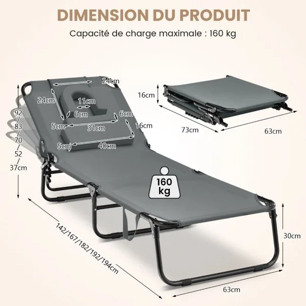Chaise Longue de Bronzage Pliante Face vers Le Bas avec Trou 3 Coussins Amovibles et Dossier Réglable Sur 5 Positions Transat Gris