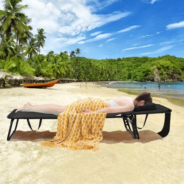 Chaise Longue de Bronzage Pliante Face vers Le Bas avec Trou 3 Coussins Amovibles et Dossier Réglable Sur 5 Positions Transat Noir