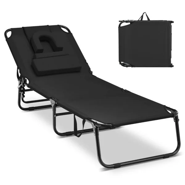 Chaise Longue de Bronzage Pliante Face vers Le Bas avec Trou 3 Coussins Amovibles et Dossier Réglable Sur 5 Positions Transat Noir