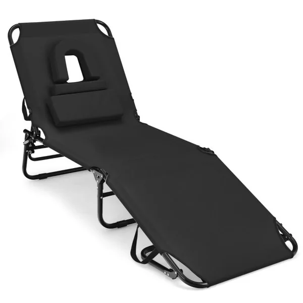 Chaise Longue de Bronzage Pliante Face vers Le Bas avec Trou 3 Coussins Amovibles et Dossier Réglable Sur 5 Positions Transat Noir