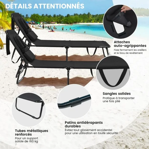 Chaise Longue de Bronzage Pliante Face vers Le Bas avec Trou 3 Coussins Amovibles et Dossier Réglable Sur 5 Positions Transat Noir