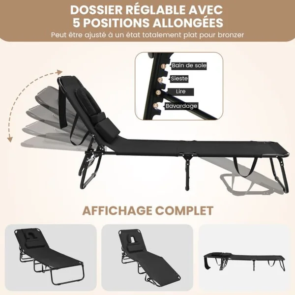 Chaise Longue de Bronzage Pliante Face vers Le Bas avec Trou 3 Coussins Amovibles et Dossier Réglable Sur 5 Positions Transat Noir