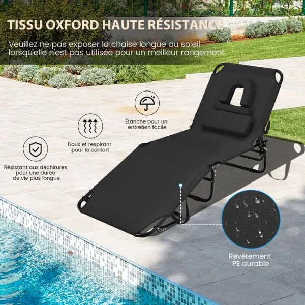 Chaise Longue de Bronzage Pliante Face vers Le Bas avec Trou 3 Coussins Amovibles et Dossier Réglable Sur 5 Positions Transat Noir