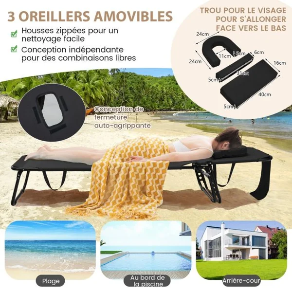 Chaise Longue de Bronzage Pliante Face vers Le Bas avec Trou 3 Coussins Amovibles et Dossier Réglable Sur 5 Positions Transat Noir