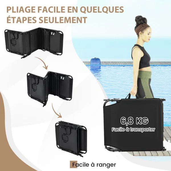 Chaise Longue de Bronzage Pliante Face vers Le Bas avec Trou 3 Coussins Amovibles et Dossier Réglable Sur 5 Positions Transat Noir