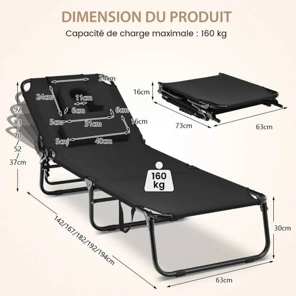 Chaise Longue de Bronzage Pliante Face vers Le Bas avec Trou 3 Coussins Amovibles et Dossier Réglable Sur 5 Positions Transat Noir