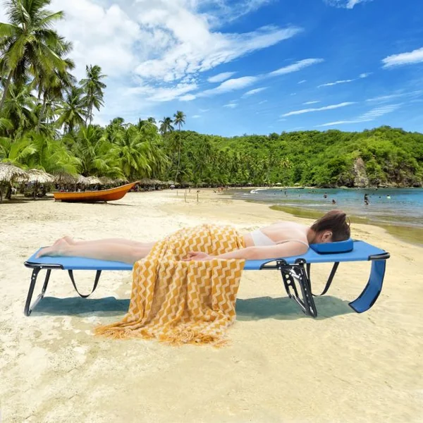 Chaise Longue de Bronzage Pliante Face vers Le Bas Chaise Longue de Plage avec Trou 3 Coussins Amovibles et Dossier Réglable Sur 5 Positions Transat Bleu