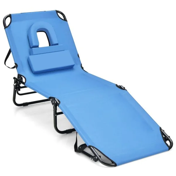 Chaise Longue de Bronzage Pliante Face vers Le Bas Chaise Longue de Plage avec Trou 3 Coussins Amovibles et Dossier Réglable Sur 5 Positions Transat Bleu