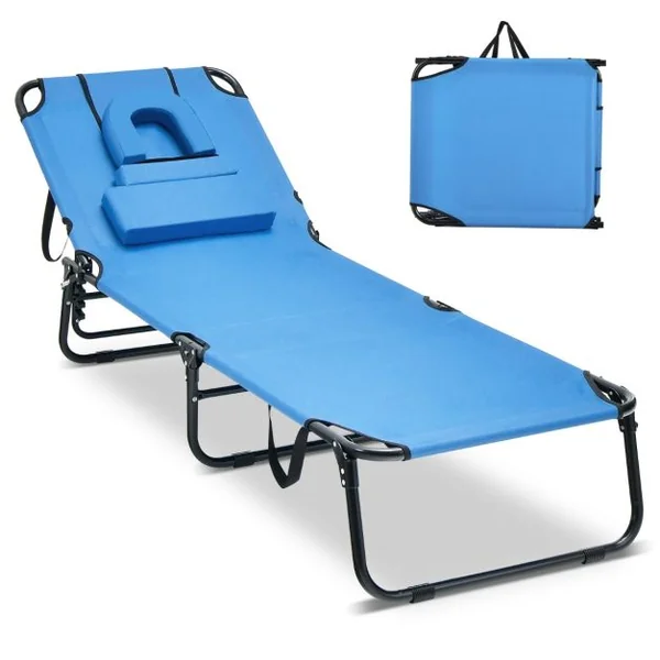 Chaise Longue de Bronzage Pliante Face vers Le Bas Chaise Longue de Plage avec Trou 3 Coussins Amovibles et Dossier Réglable Sur 5 Positions Transat Bleu