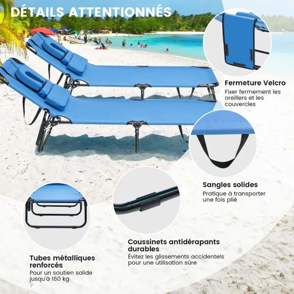 Chaise Longue de Bronzage Pliante Face vers Le Bas Chaise Longue de Plage avec Trou 3 Coussins Amovibles et Dossier Réglable Sur 5 Positions Transat Bleu