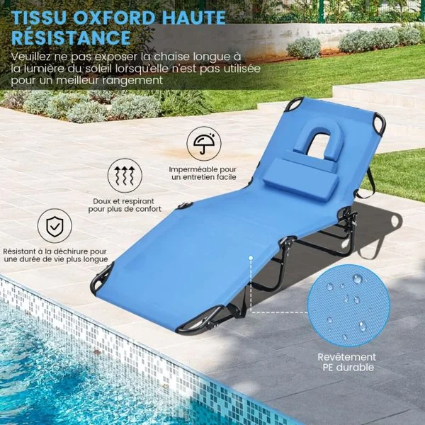 Chaise Longue de Bronzage Pliante Face vers Le Bas Chaise Longue de Plage avec Trou 3 Coussins Amovibles et Dossier Réglable Sur 5 Positions Transat Bleu