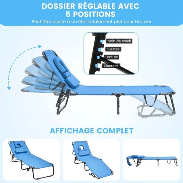 Chaise Longue de Bronzage Pliante Face vers Le Bas Chaise Longue de Plage avec Trou 3 Coussins Amovibles et Dossier Réglable Sur 5 Positions Transat Bleu