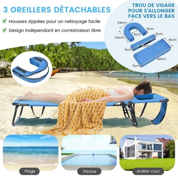 Chaise Longue de Bronzage Pliante Face vers Le Bas Chaise Longue de Plage avec Trou 3 Coussins Amovibles et Dossier Réglable Sur 5 Positions Transat Bleu