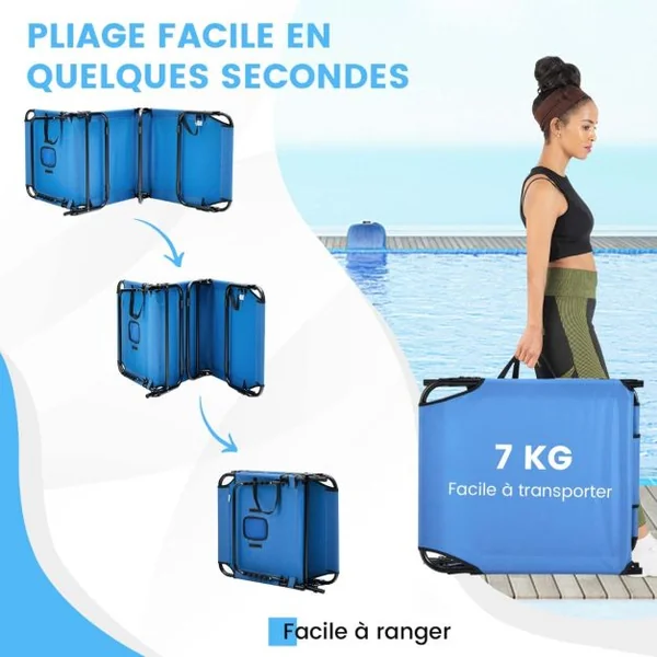 Chaise Longue de Bronzage Pliante Face vers Le Bas Chaise Longue de Plage avec Trou 3 Coussins Amovibles et Dossier Réglable Sur 5 Positions Transat Bleu