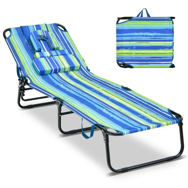 Chaise Longue de Bronzage Pliante Face vers Le Bas Chaise Longue de Plage avec Trou 3 Coussins Amovibles et Dossier Réglable Sur 5 Positions Transat