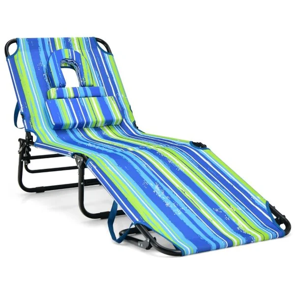 Chaise Longue de Bronzage Pliante Face vers Le Bas Chaise Longue de Plage avec Trou 3 Coussins Amovibles et Dossier Réglable Sur 5 Positions Transat