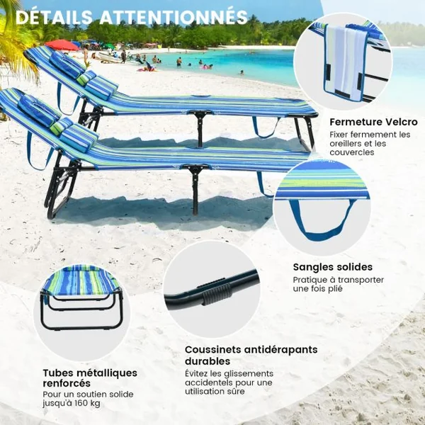 Chaise Longue de Bronzage Pliante Face vers Le Bas Chaise Longue de Plage avec Trou 3 Coussins Amovibles et Dossier Réglable Sur 5 Positions Transat