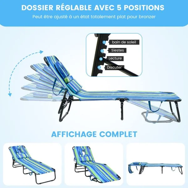 Chaise Longue de Bronzage Pliante Face vers Le Bas Chaise Longue de Plage avec Trou 3 Coussins Amovibles et Dossier Réglable Sur 5 Positions Transat