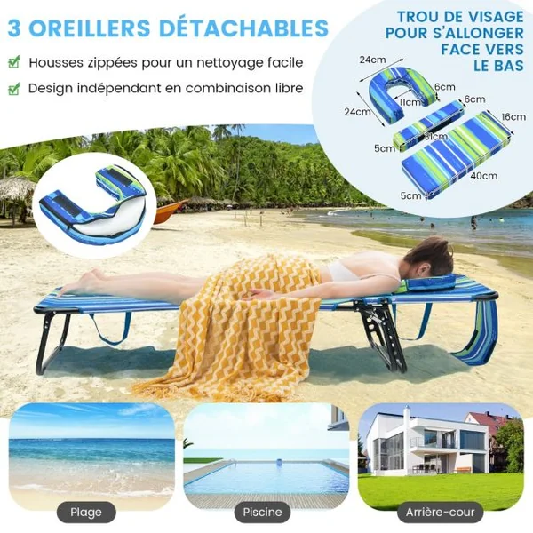 Chaise Longue de Bronzage Pliante Face vers Le Bas Chaise Longue de Plage avec Trou 3 Coussins Amovibles et Dossier Réglable Sur 5 Positions Transat