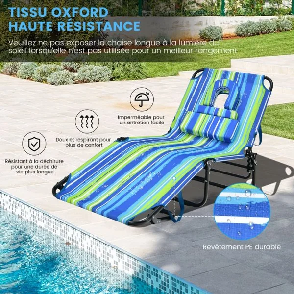 Chaise Longue de Bronzage Pliante Face vers Le Bas Chaise Longue de Plage avec Trou 3 Coussins Amovibles et Dossier Réglable Sur 5 Positions Transat