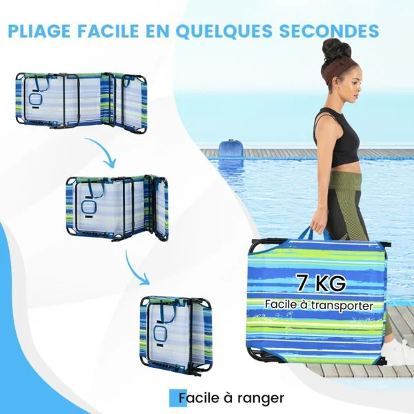 Chaise Longue de Bronzage Pliante Face vers Le Bas Chaise Longue de Plage avec Trou 3 Coussins Amovibles et Dossier Réglable Sur 5 Positions Transat