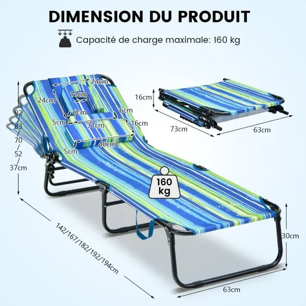 Chaise Longue de Bronzage Pliante Face vers Le Bas Chaise Longue de Plage avec Trou 3 Coussins Amovibles et Dossier Réglable Sur 5 Positions Transat