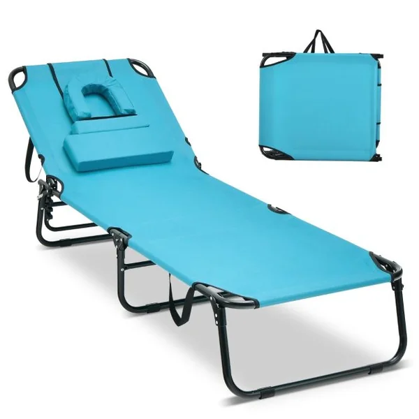 Chaise Longue de Bronzage Pliante Face vers Le Bas Chaise Longue de Plage avec Trou 3 Coussins Amovibles et Dossier Réglable Sur 5 Positions Transat Vert