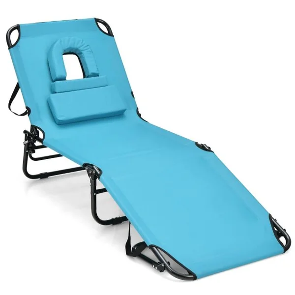 Chaise Longue de Bronzage Pliante Face vers Le Bas Chaise Longue de Plage avec Trou 3 Coussins Amovibles et Dossier Réglable Sur 5 Positions Transat Vert