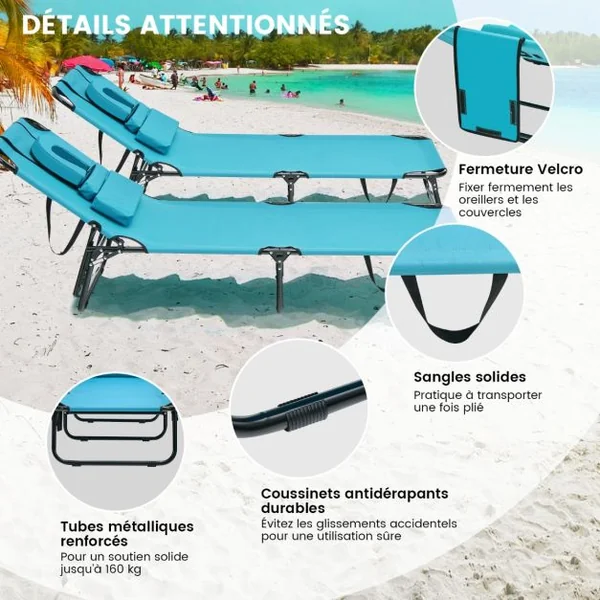Chaise Longue de Bronzage Pliante Face vers Le Bas Chaise Longue de Plage avec Trou 3 Coussins Amovibles et Dossier Réglable Sur 5 Positions Transat Vert