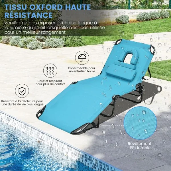 Chaise Longue de Bronzage Pliante Face vers Le Bas Chaise Longue de Plage avec Trou 3 Coussins Amovibles et Dossier Réglable Sur 5 Positions Transat Vert