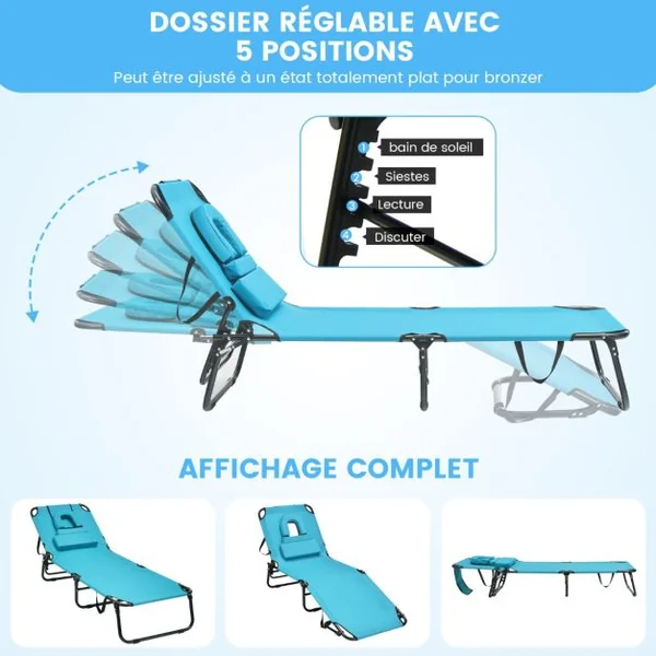 Chaise Longue de Bronzage Pliante Face vers Le Bas Chaise Longue de Plage avec Trou 3 Coussins Amovibles et Dossier Réglable Sur 5 Positions Transat Vert