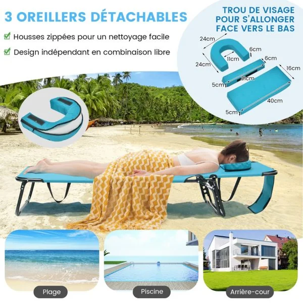 Chaise Longue de Bronzage Pliante Face vers Le Bas Chaise Longue de Plage avec Trou 3 Coussins Amovibles et Dossier Réglable Sur 5 Positions Transat Vert