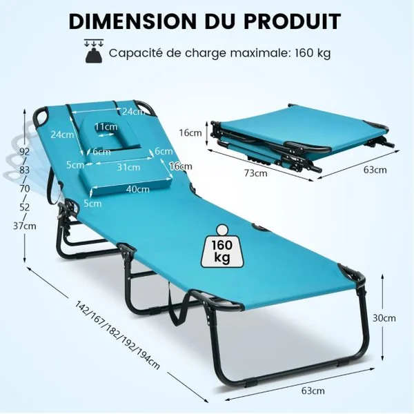 Chaise Longue de Bronzage Pliante Face vers Le Bas Chaise Longue de Plage avec Trou 3 Coussins Amovibles et Dossier Réglable Sur 5 Positions Transat Vert